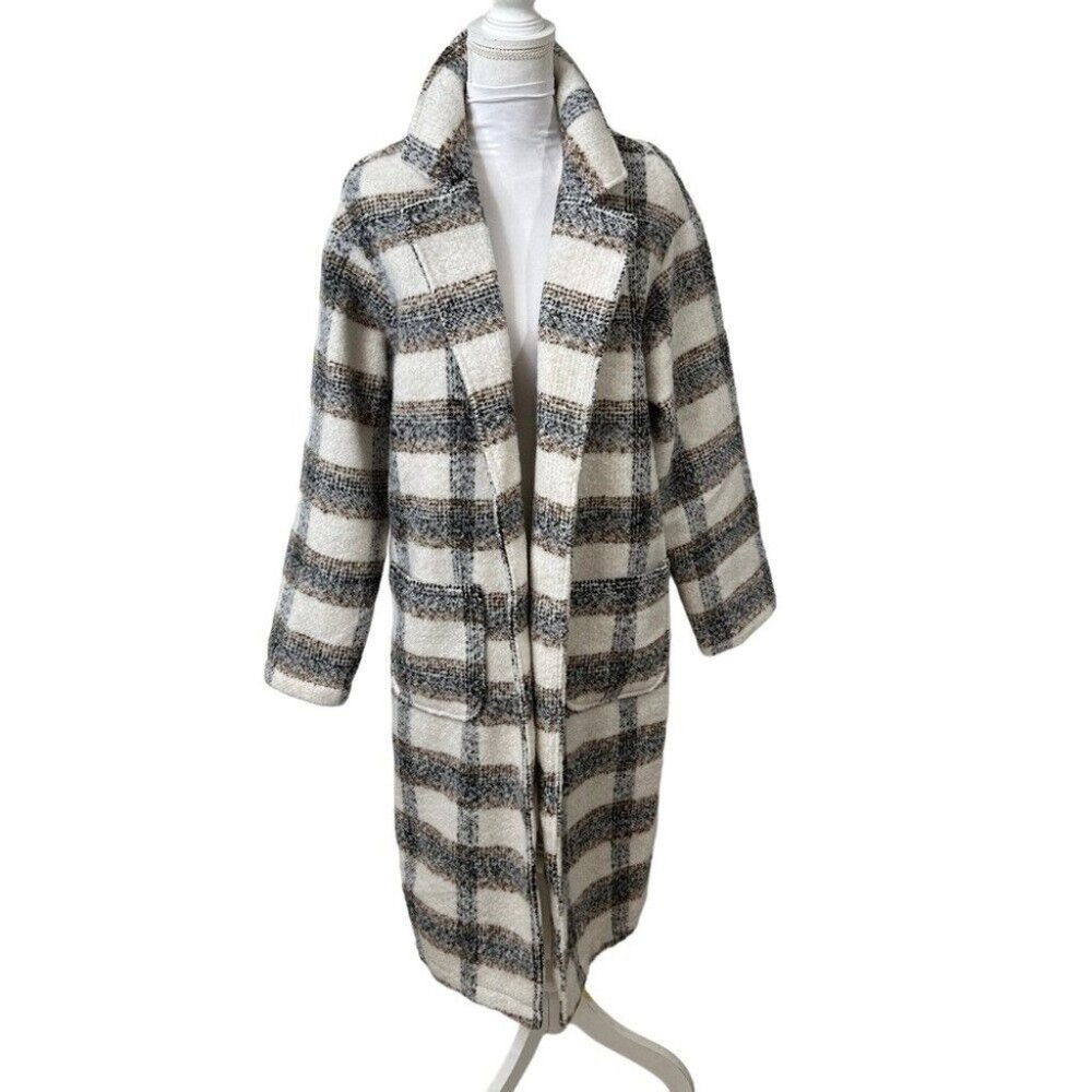 Gianni Bini Cream and Black Plaid Long Coat